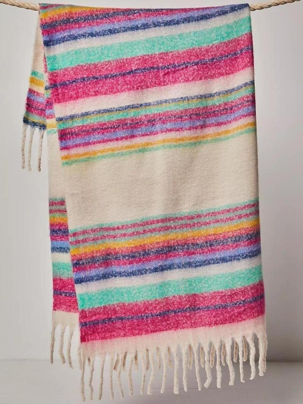 Free People $78 Oversized Pink Teal Striped Blanket Multi Color Fringe Wrap